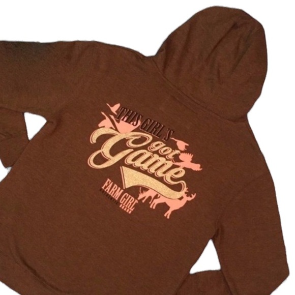 Women’s Farm Girl Large “Girls Got Game” Brown Hoodie - Picture 1 of 6